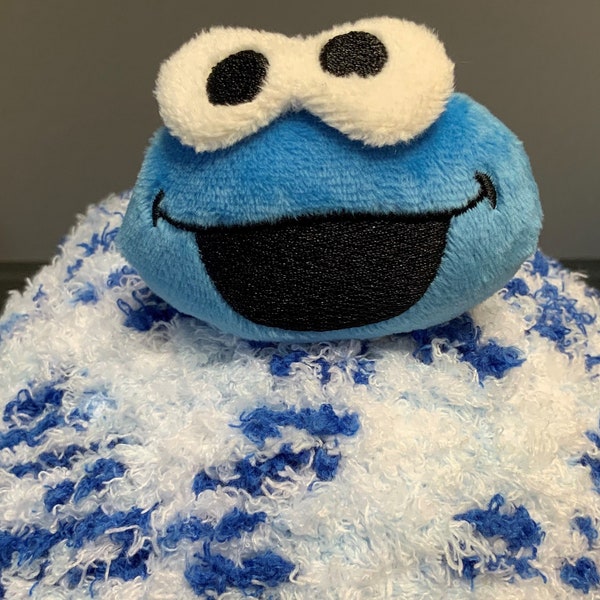 COOKIE MONSTER Sesame Street Lovey Security Blanket, Hand Knit blue print plush toy Size choice Use Gift Option for Direct Ship to Recipient