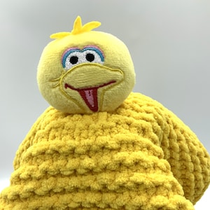 BIG BIRD Sesame Street Lovey Security Blanket, Hand Knit Fleece Lovie Toy in bright yellow. READY to ship to you or a Gift Recipient