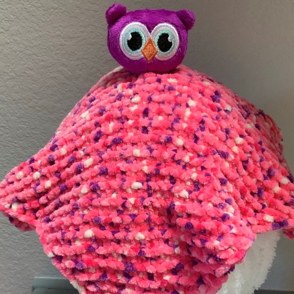 OWL Lovey Security Blanket, Soft Hand Knit Lovie plush toy in pink purple white Chenille yarn. Option for direct shipping to Gift Recipient.