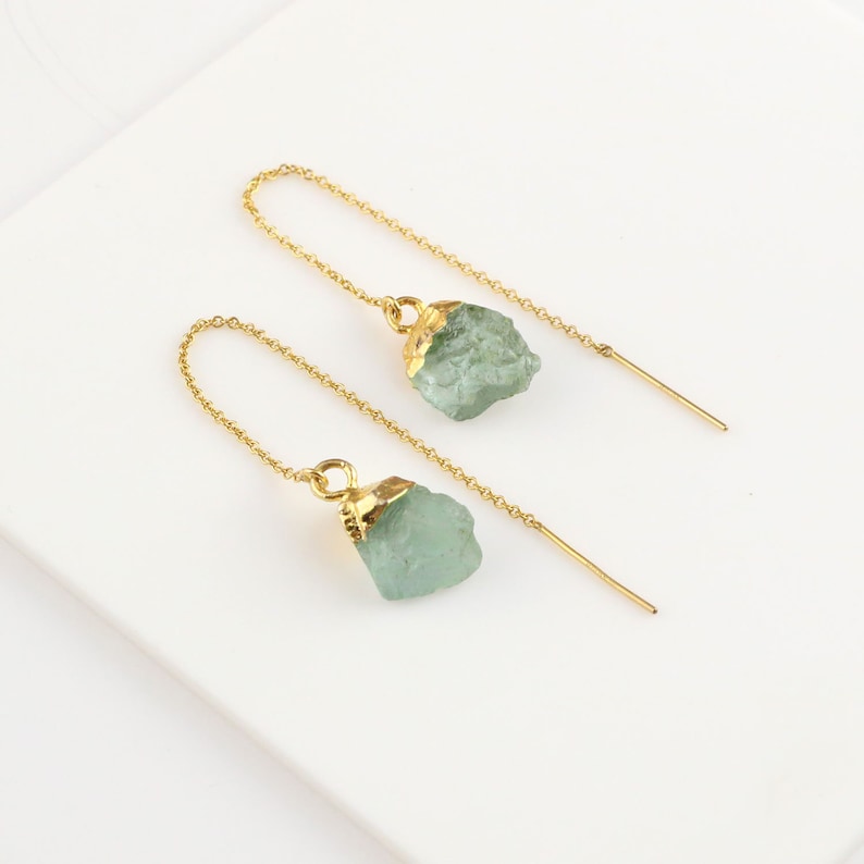 Raw Aquamarine Gemstone Threaders Gold Thread Earrings Raw Stone Earrings March Birthstone Earrings Aquamarine Threaders