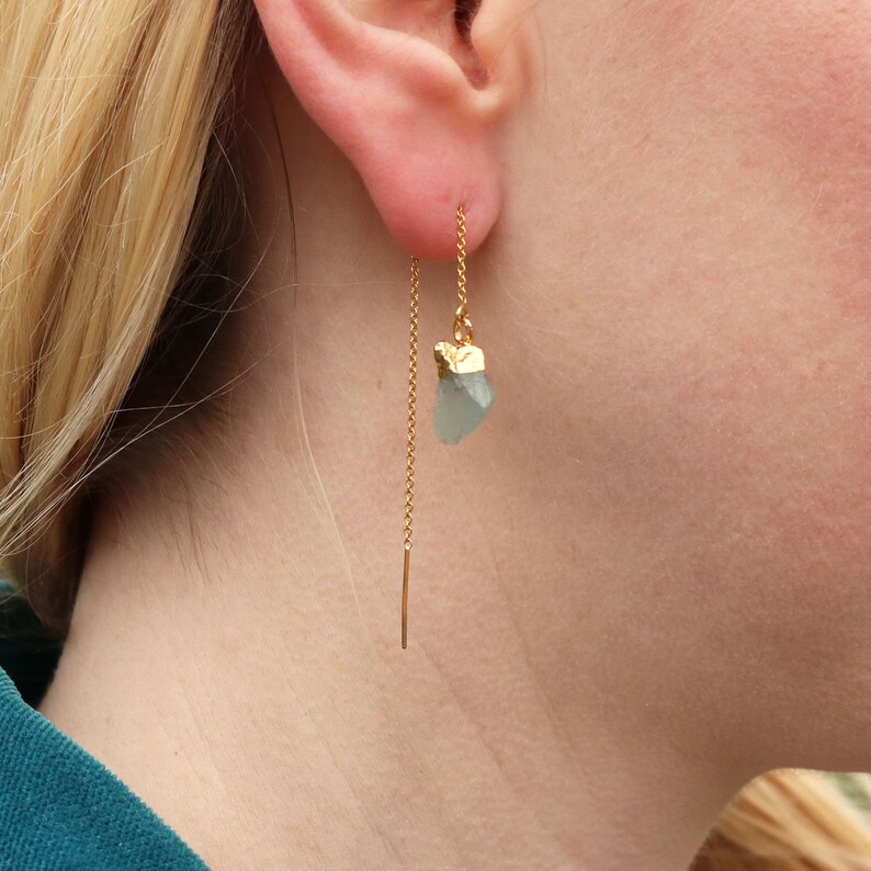 Raw Aquamarine Gemstone Threaders Gold Thread Earrings Raw Stone Earrings March Birthstone Earrings Aquamarine Threaders