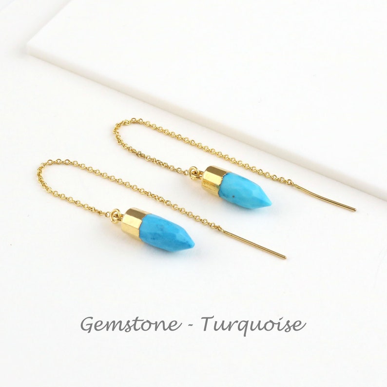Minimalist Earrings Pull Through Earring Point Thread Earring Gemstone Spike Threader Earrings Turquoise Threaders