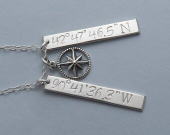 Sterling Silver Coordinates Necklace, Hand Stamped Custom Coordinates Jewelry, Compass Charm Necklace, Travelling Gift, Valentines Day