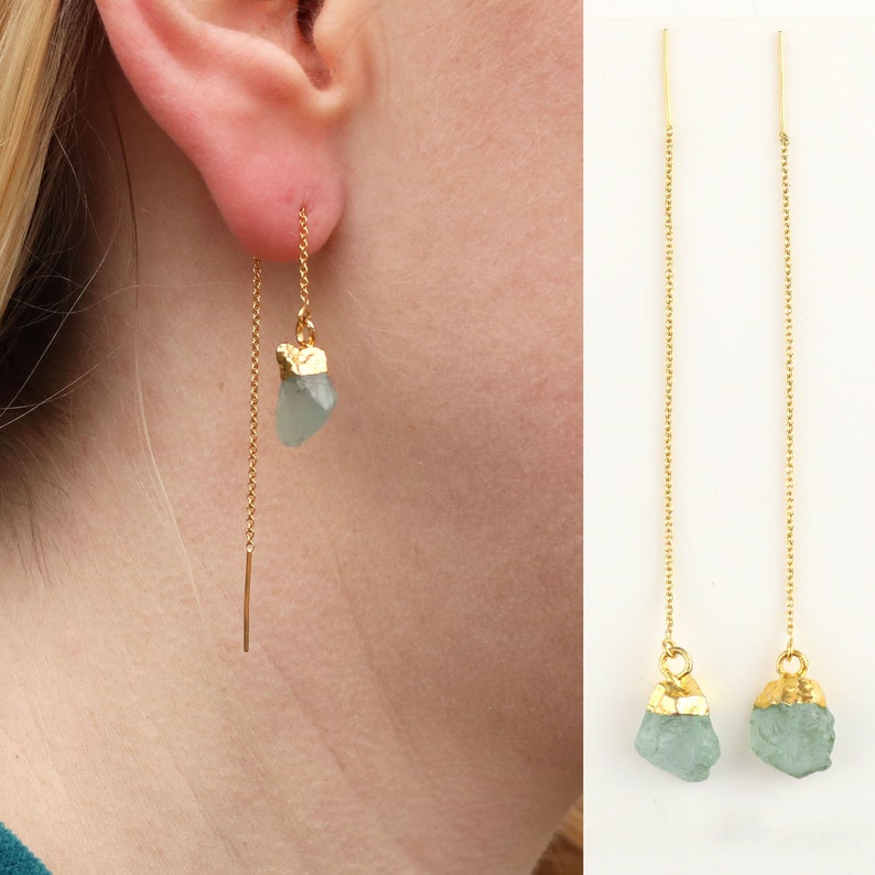 Raw Aquamarine Gemstone Threaders Gold Thread Earrings Raw Stone Earrings March Birthstone Earrings Aquamarine Threaders