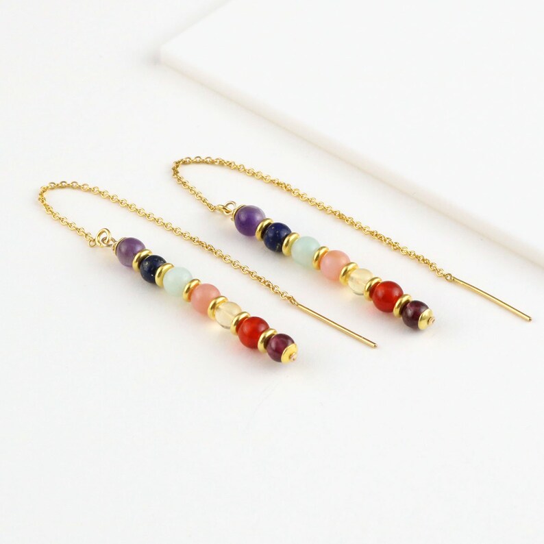 Gold Thread Earrings Meditation Chakra Stones Gift For Her Gemstone Earrings Gemstone Threaders 7 Chakra Earrings Chakra Threaders