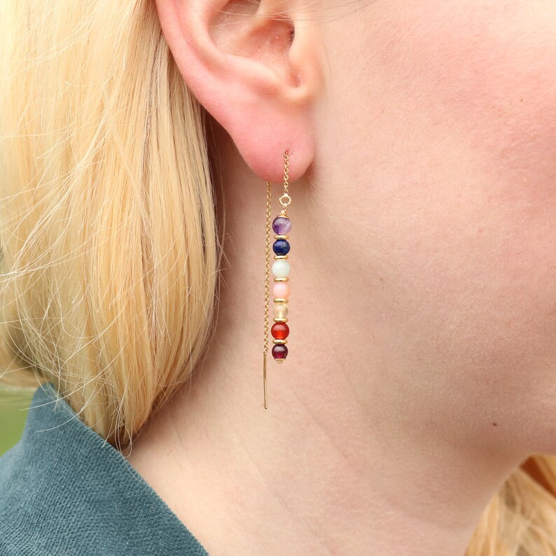 Gold Thread Earrings Meditation Chakra Stones Gift For Her Gemstone Earrings Gemstone Threaders 7 Chakra Earrings Chakra Threaders