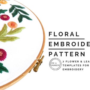 May include: Floral embroidery pattern with 7 flower and leaf templates for hand embroidery. The pattern features a variety of flowers and leaves in shades of pink, green, and orange.