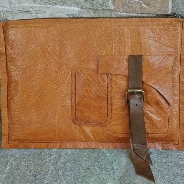 Tan Leather Clutch, Cut Out Pocket Tan Leather Clutch, Outside Pocket Tan Leather Clutch, Tan & Brown Leather Clutch with Outside Pockets