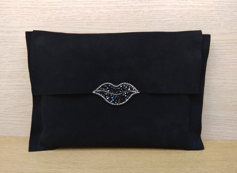 Black Sequin Lip Patch Leather Clutch Black Lip Patch Suede Clutch Lip Embroidery Leather Clutch Black Lip Applique Suede Clutch