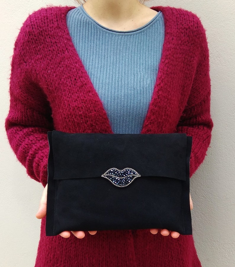 Black Sequin Lip Patch Leather Clutch Black Lip Patch Suede Clutch Lip Embroidery Leather Clutch Black Lip Applique Suede Clutch
