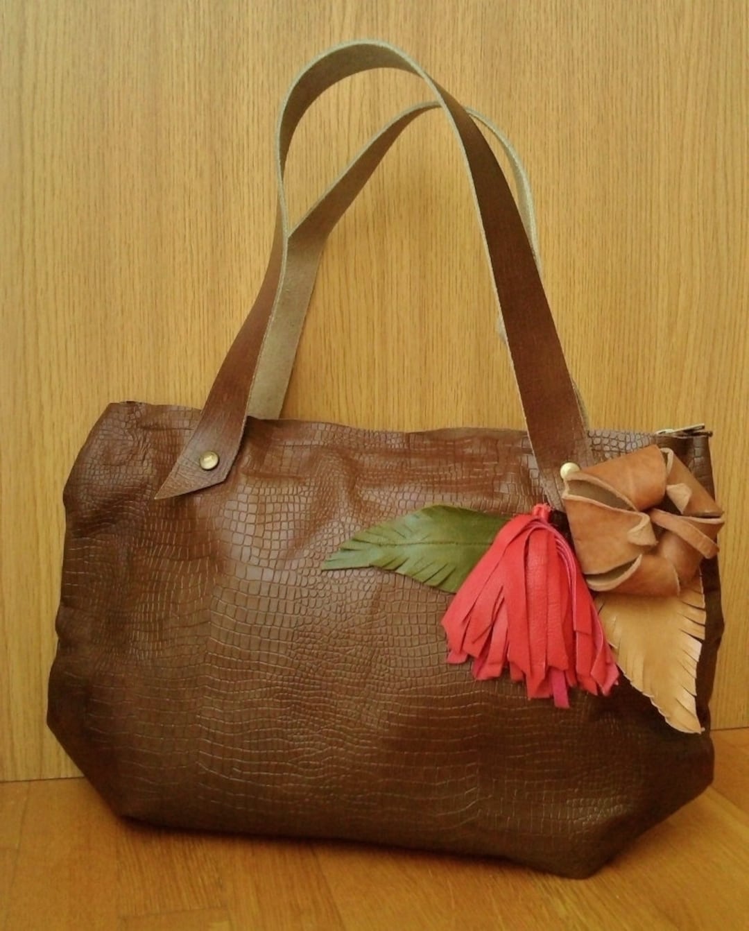 Acacia Sustainable Handmade Leather and Ikat Floral Tote Bag in Burgundy main image 1