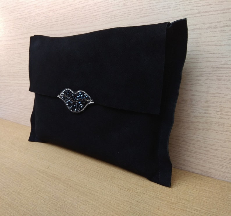 Black Sequin Lip Patch Leather Clutch Black Lip Patch Suede Clutch Lip Embroidery Leather Clutch Black Lip Applique Suede Clutch
