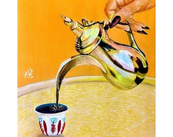 Gahwah Beduiyya - Impresión artística de café árabe (¡firmada!) / Dibujo / Jordania, Líbano, Siria, Palestina / Qahwah / Beduino / MENA / SWANA / قهوة
