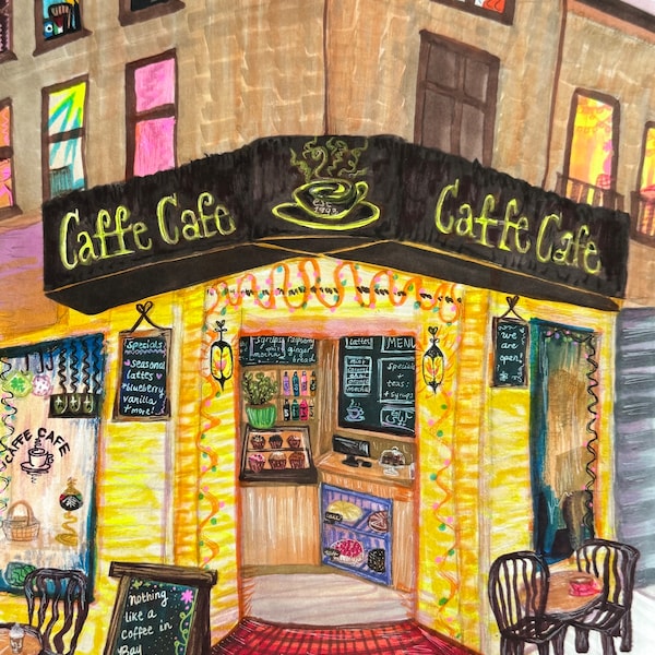 Coffee in Bay Ridge - Art Print (Signed!) | Brooklyn Drawing | Sketch | NYC | New York City | Cafe Art | City | 3rd Ave | Card | Postcard