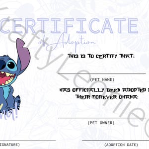 Puede incluir: Certificado de adopción con un personaje de dibujos animados azul, con grandes orejas y una amplia sonrisa. El certificado incluye campos para rellenar el nombre de la mascota, el dueño y la fecha de adopción, con la palabra "Ohana!" en cursiva.