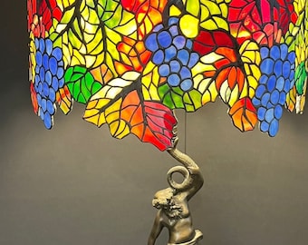 18" Grapevine Tree stained glass lamp, Bacchus sculpture base, bronze sculpture, Tiffany Lamp, Table Lamp, Bronz lamp Base, Art nouveau