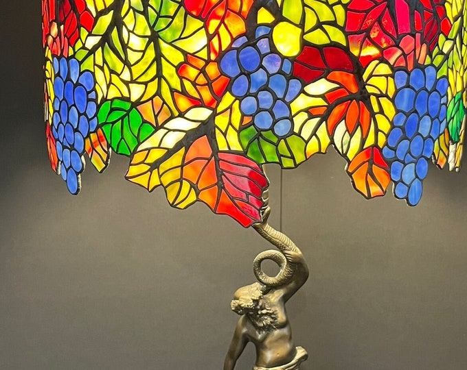 18" Grapevine Tree stained glass lamp on the Bacchus sculpture base