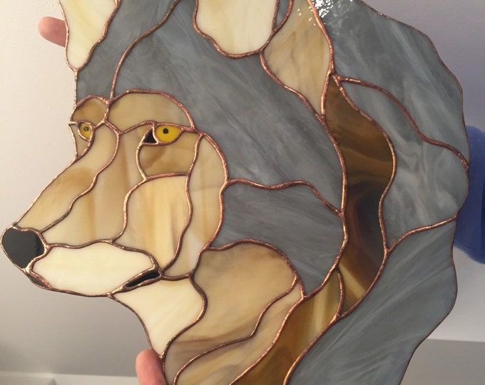 Stained glass wolf terrier Tiffany glass window suncatcher. Wolfie stained glass window decoration.