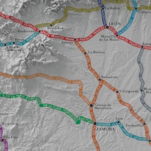 May include: A map of Spain with highlighted routes, including the "Via de la Plata" route, which is marked in green, and the "Frances" route, which is marked in red. The map also shows the names of various cities and towns in Spain.