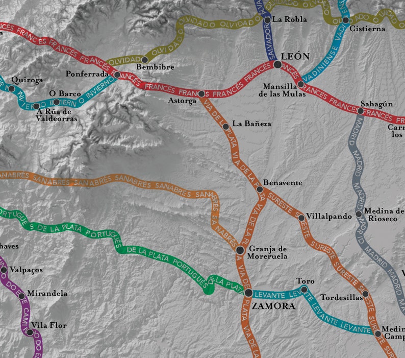 May include: A map of Spain with highlighted routes, including the "Via de la Plata" route, which is marked in green, and the "Frances" route, which is marked in red. The map also shows the names of various cities and towns in Spain.