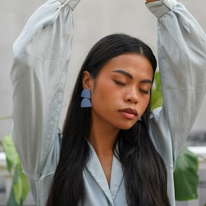 Double Half Moon Light Blue Lightweight Clay Earrings for Modern Women with Style available in clip-on, made in Philly image 1