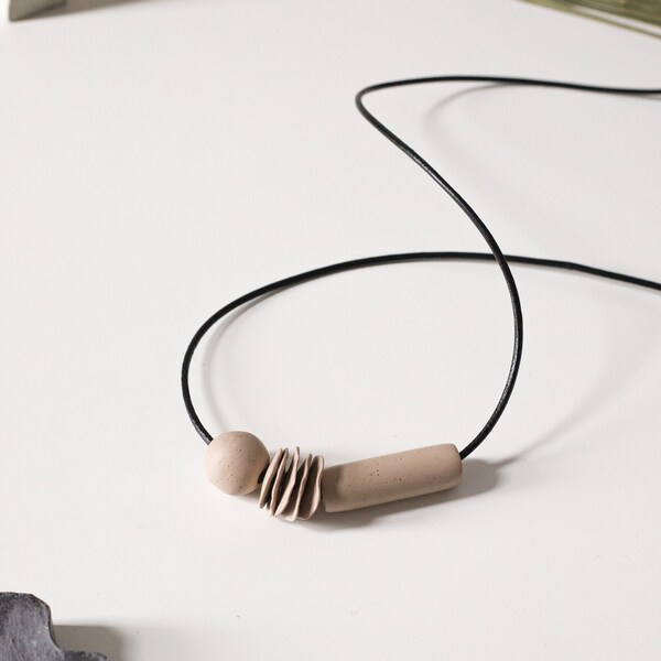 Study No. 4:  O.G. in Latte – unique modern long monotone polymer clay minimalist statement necklace w/ leather cord perfect for gift