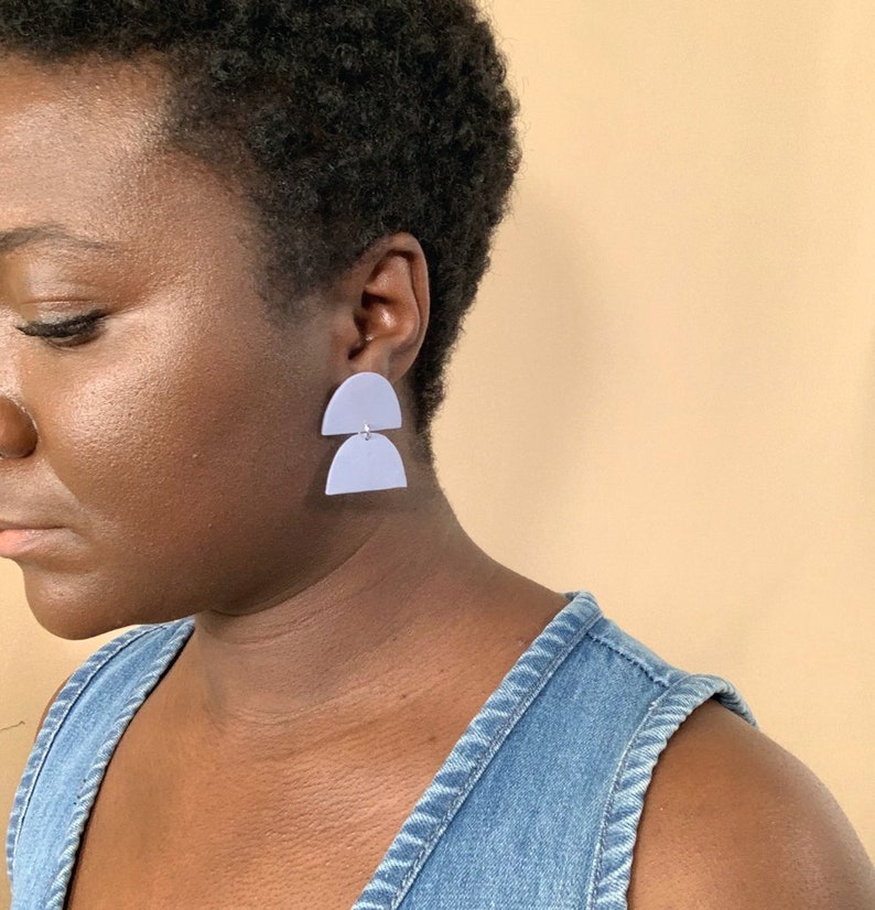 Double Half Moon Light Blue Lightweight Clay Earrings for Modern Women with Style available in clip-on, made in Philly image 3