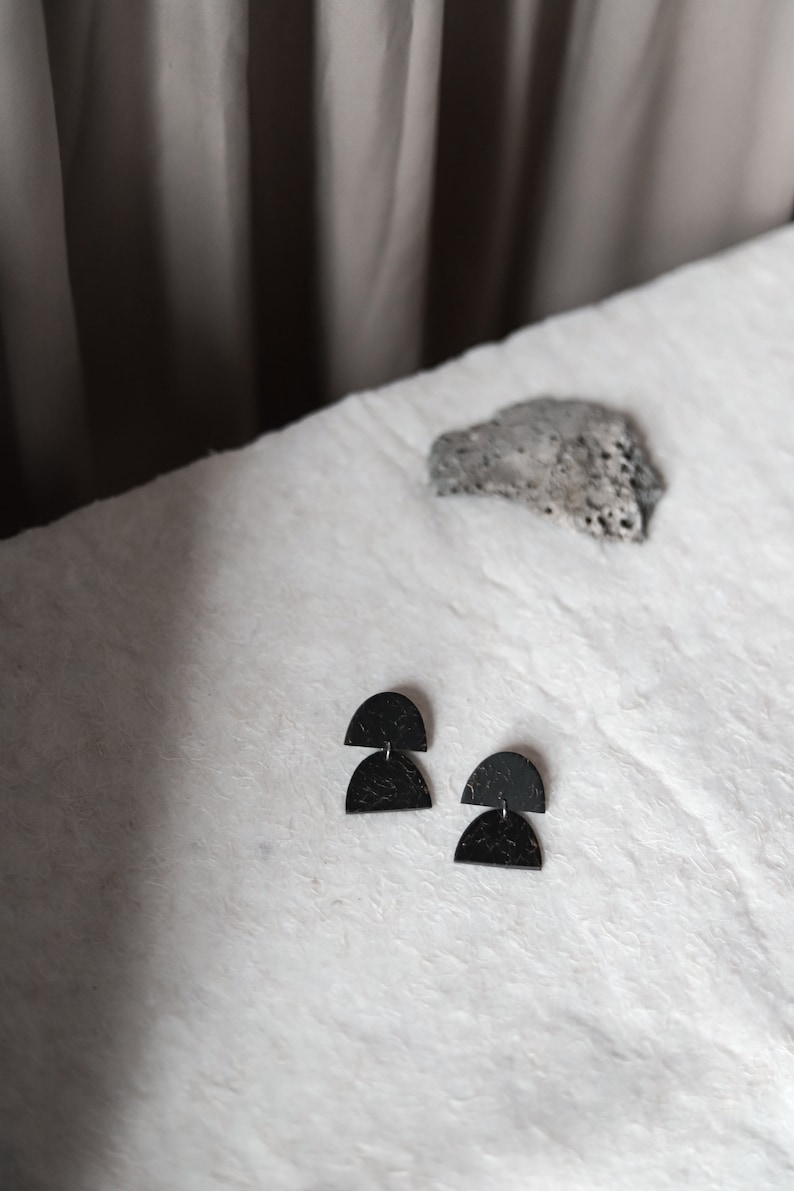 OOAK Double Half Moon \u2013 Black with Gold Veins Lightweight Clay Earrings for Modern Women with Style \u2013 handmade made in Philly