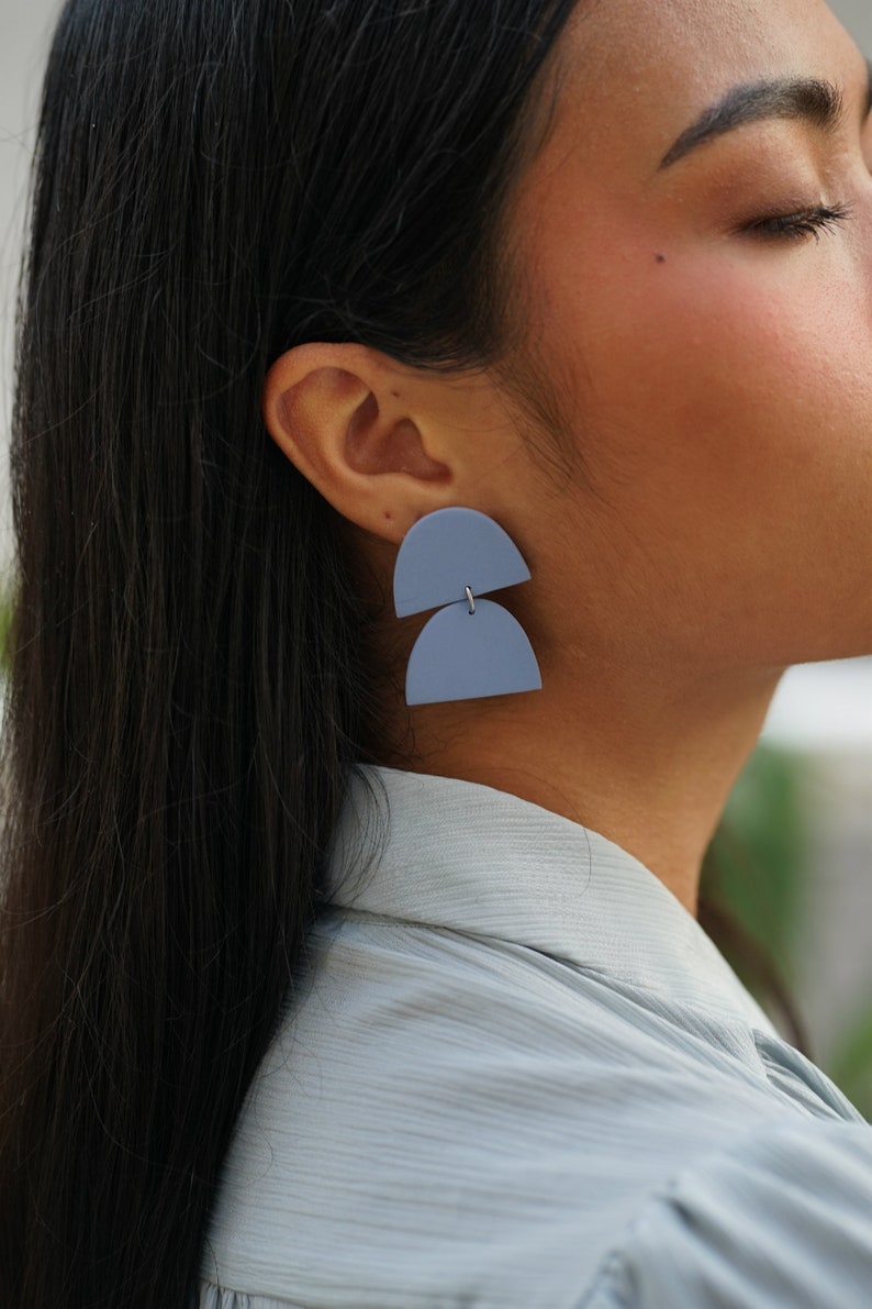 Double Half Moon Light Blue Lightweight Clay Earrings for Modern Women with Style available in clip-on, made in Philly image 2