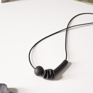 Study No. 4:  O.G. in Black – unique modern long monotone polymer clay minimalist statement necklace w/ leather cord perfect for gift