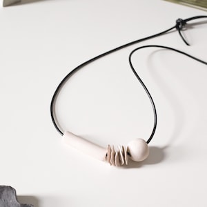 Study No. 4:  O.G. in Oat Milk – unique modern long monotone polymer clay minimalist statement necklace w/ leather cord perfect for gift