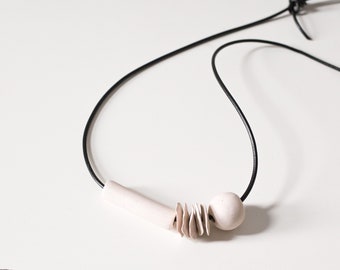 Study No. 4:  O.G. in Oat Milk – unique modern long monotone polymer clay minimalist statement necklace w/ leather cord perfect for gift