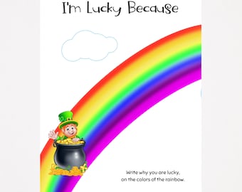 Afdrukbaar St. Patrick's Day, schrijfactiviteit I'm Lucky, dagboekprompt voor kinderen, hand-outs leraar klas, afdrukbare set dankbaarheid