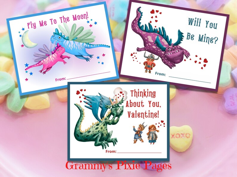 Dragon Valentine's Day Cards, Printable Valentines for Kids (digital ...