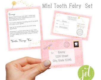 Pink Mini Tooth Fairy Set, Printable Envelope, Tooth Certificate, and 28 editable Tooth Fairy Letters - Fully Editable with Jettemplate