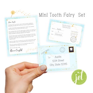 Set stravagante e stampabile con mini fatina dei denti blu, include 32 lettere personalizzabili, certificato dei denti e busta abbinata, modello Jet pronto!