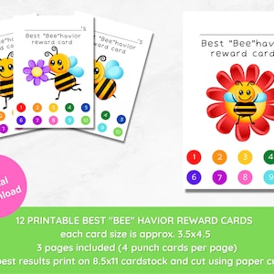 Op de afbeelding: Een set afdrukbare beloningskaarten met een bijen thema. Elke kaart toont een cartoon bij en de tekst "Best 'Bee'havior reward card". De kaarten hebben gekleurde cirkels genummerd 1-10. De afbeelding bevat ook een roze cirkel met "PDF Digital Download".