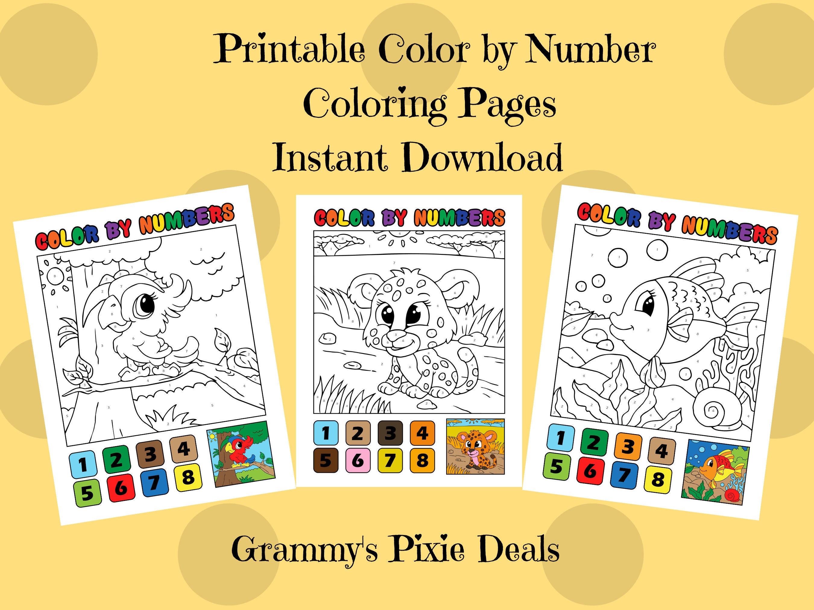 color by numbers cute animals coloring pages20 printable etsy