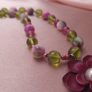 Candy Flower Necklace: pinks and greens in gemstone and glass.