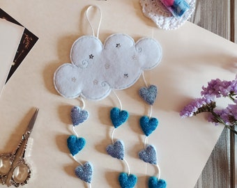 Decoration with cloud and hearts, Felt decoration, Hanging decor, Spring home decoration, Nursery decor, Starry night