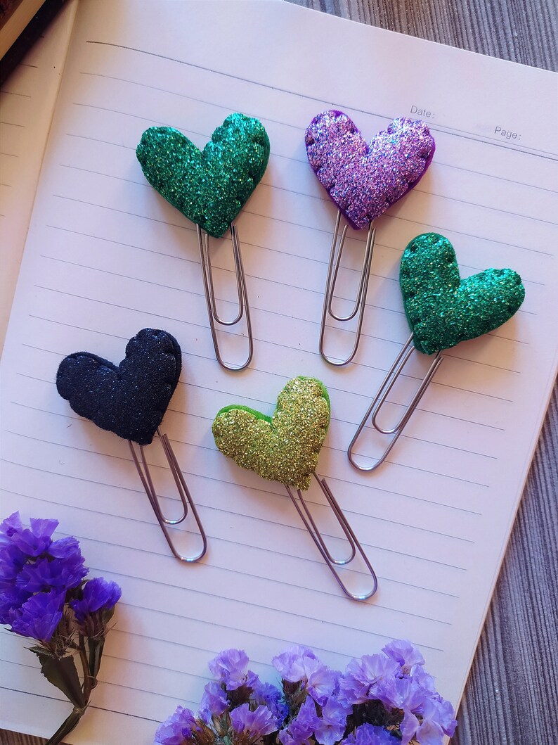 Glitter Heart Clip, Planner Clip, bookmark, Kids Party favor bag, Stationery, Placeholder, Gift for teachers, Stocking Stuffers, Mother's Day image 1