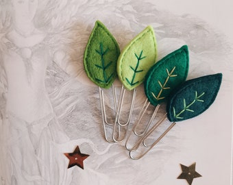 Leaf paper clips, planner accessories, bookmarks, Spring, handmade, felt, back to school, favors, placeholders, Birthday gifts.