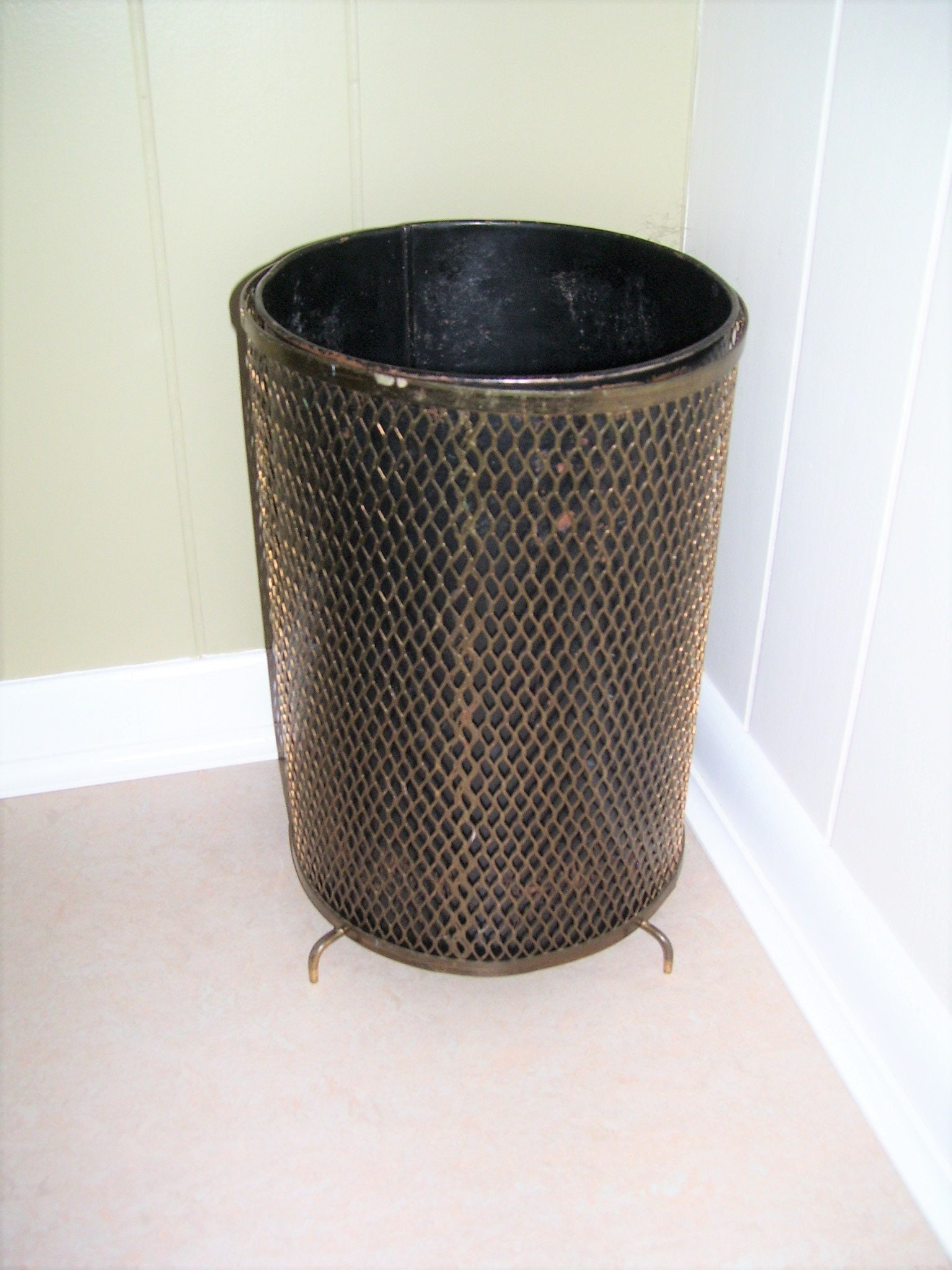 Mid Century Gold Black Metal Trash Can Wastebasket Gold Mesh Etsy