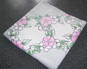 Pink Gray Floral Tablecloth 46x49.5 inches Vintage