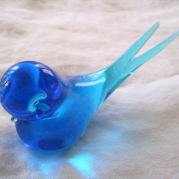 Sweden Art Glass Blue Bird Long Tail 5.75 inches Vintage