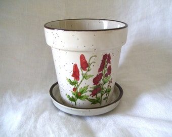 Speckled Pottery Planter with Underplate Floral Japan 3.5 inches Vintage