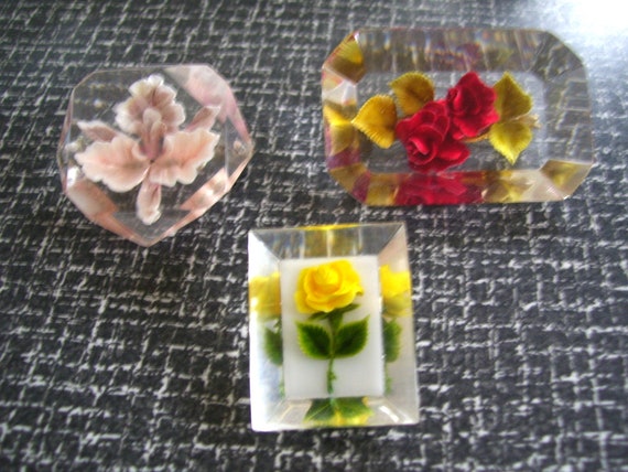 3 Bircraft Lucite Brooches Lucite Pins Embedded F… - image 1