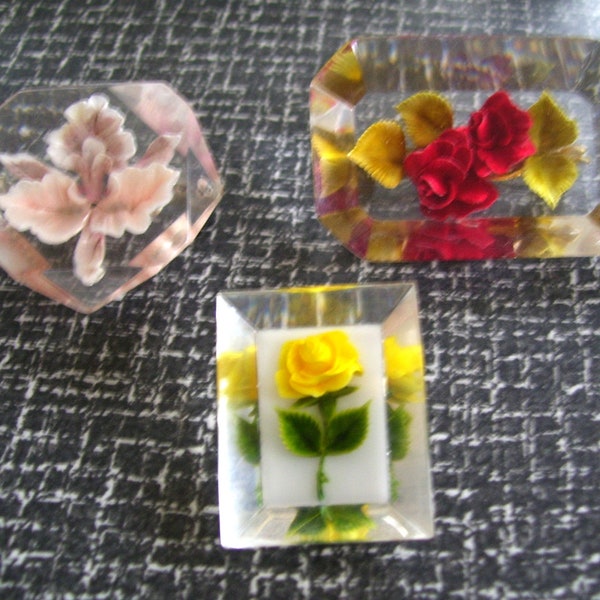 3 Bircraft Lucite Brooches Lucite Pins Embedded Flowers Vintage