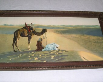 Charles Makin Prayer in the Desert Print Framed with Glass 14.25x26.25 inches Vintage