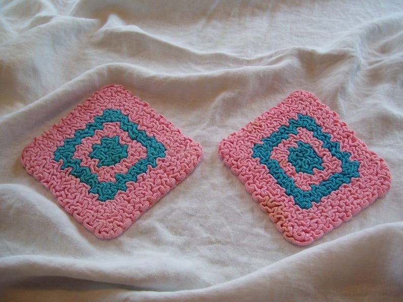 Pink Pot Holder Crocheted Pot Holders Pink and Aqua Set of 2 CLEAN Vintage